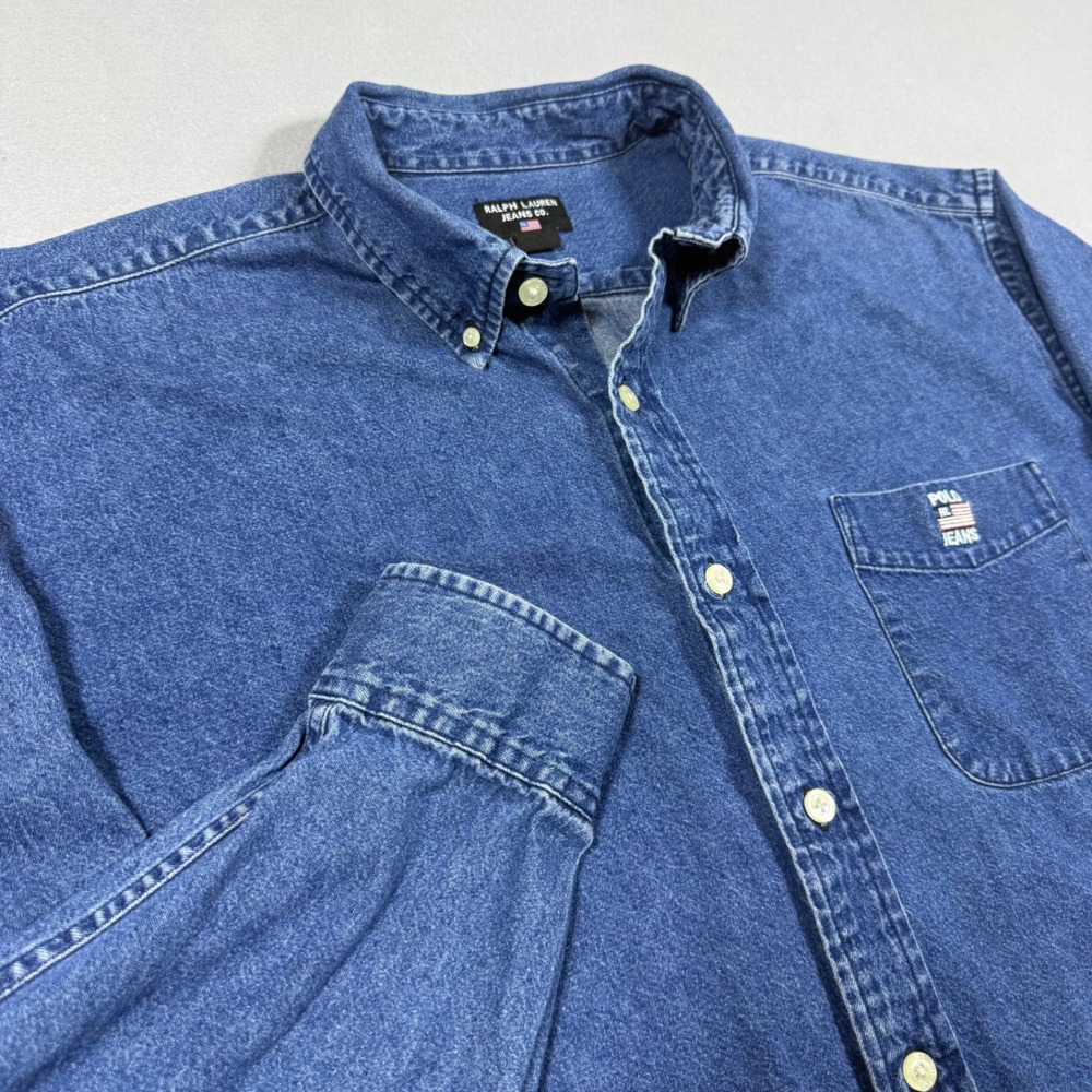 Ralph Lauren Jeans Co Mens XL Blue Denim Long Sleeve Button Down Flag Logo Shirt